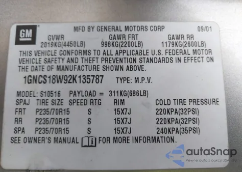 2002 Chevrolet Blazer Ls z USA, uszkodzony, nr VIN 1GNCS18W92K135787